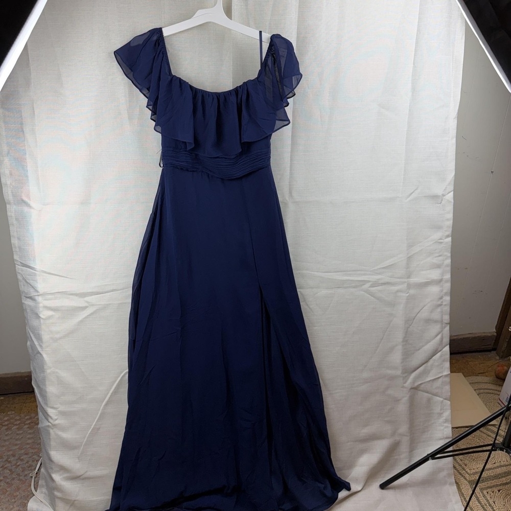 Ever-Pretty Dress Womens 10 Blue Off Shoulder Ruffle Chiffon Maxi Slit Formal